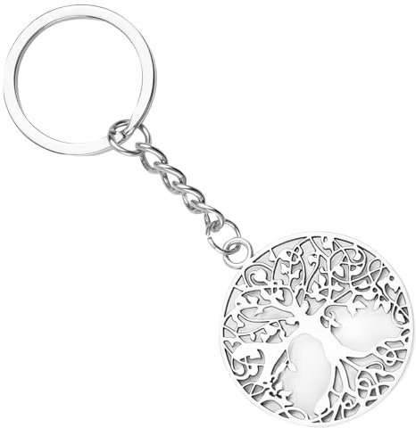 THKO Porte-clés arbre de vie - Pendentif arbre de vie pour trousseau de clés en argent comme porte-bonheur pour hommes et femmes - Porte-clés symbolique comme idée cadeau, Silbrig, S