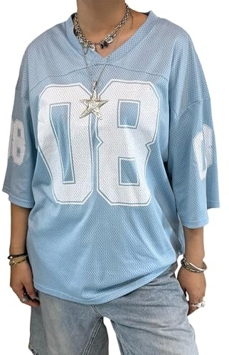Damen Y2K Basketball-T-Shirt, kurzärmelig, V-Ausschnitt, Zahlendruck, übergroßes T-Shirt, lockeres Blokecore-Jersey, Shirt, ästhetische Streetwear