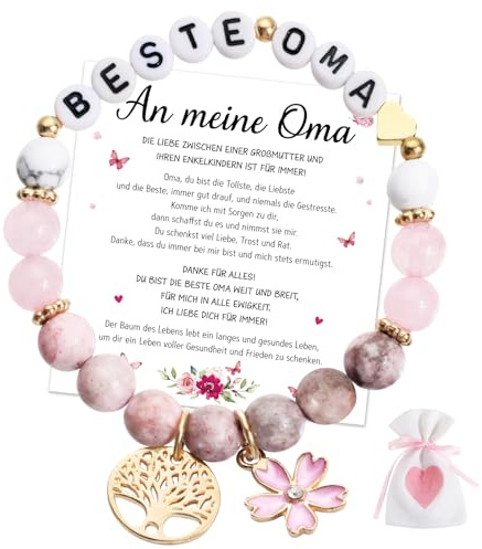 Oma Geschenk Armband Beste Oma der Welt Dankeschön Weihnachten Geschenke Lebensbaum Armbänder Elastisch Perlenarmband 30cm Stein Armkettchen Geburtstag Silvester Geschenk mit Karte Stoffbeutel