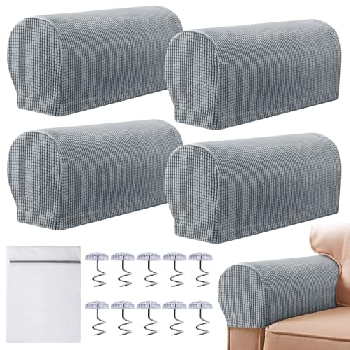 Armrest Chair Covers, Set of 4 Stretch Armchair Covers for Arms Anti-Slip Furniture Protector with Laundry Bag, Machine Washable Arm Chair Sleeves, Armrest Cover for Sofa Couch Recliner(Light Gray)
