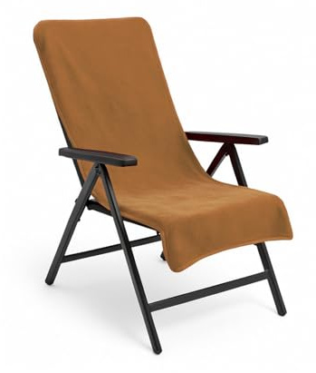 Schonbezug Gartenstuhl 130x65 cm aus Baumwolle, Auflage & Handtuch-Bezug für Hochlehner, Relaxsessel und Campingstuhl, mit Kapuzenüberschlag, universell passend, waschbar. Farbe wählbar (Camel)