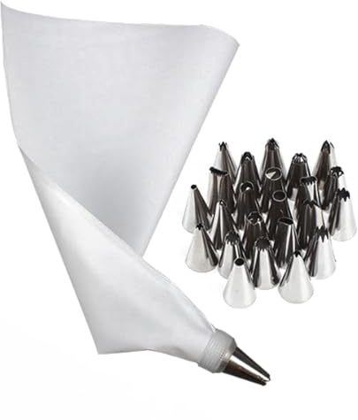 Ensemble de décoration de gâteaux 26 pièces: douilles en acier inoxydable, poches à douille en EVA Compatible with la crème au beurre et la cuisson de biscuits(Wit)