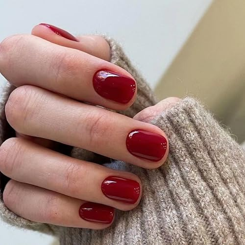 24 Stück Press on Nails Künstliche Nägel - Rote Kurze Quadratische Nägel zum Aufkleben, Fake Nails Fingernägel zum Aufkleben Full Cover Acrylnägel für Frauen Mädchen Nail Art Maniküre DIY (Rot)
