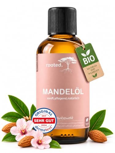 rooted.® BIO Mandelöl 100ml – [100% REINES MANDELÖL KALTGEPRESST] – Trägeröl & Basisöl für ätherische Öle – Sanfte Pflege für Babyhaut & empfindliche Haut, Gesicht & Haare – Süßmandelöl ohne Zusätze