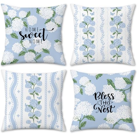 Bonhause Hydrangea Floral Throw Pillow Covers 18 x 18 Inch White Blue Flowers Butterfly Spring Summer Outdoor Decorative Pillows Case Soft Velvet Cushion Covers for Sofa Couch Home Decor Set of 4