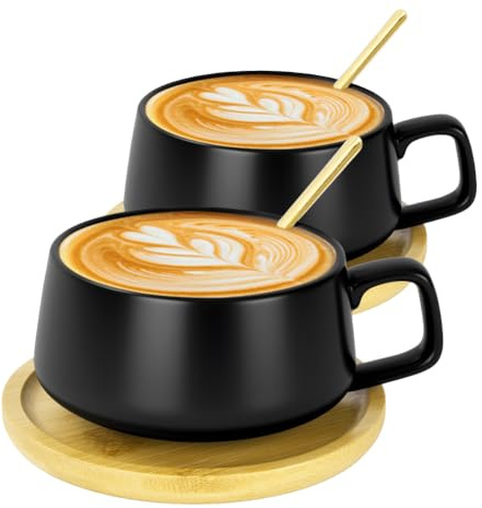 AOOTE Cappuccino Cup & Saucer Set, 2 Pcs Porcelain Espresso Coffee Cup with Saucer and Spoon, 320ML Wide Cappuccino Cups, Ceramic Coffee Cups Set for Tea, Coffees, Espresso, Americano, Latte