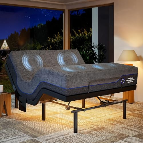 Marsail Queen Adjustable Bed Frame with Massage, Electric Adjustable Bed Base with Head & Foot Incline, Quiet Motor Adjustable Bed Frame with USB Ports, LED Light, Height-Adjustable Legs
