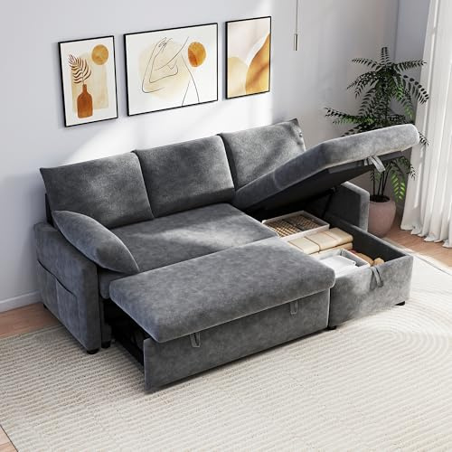 Winlice Canape Dangle Convertible 3 Places, Canapé Modulable avec Rangement en Tissu Chenille Gris Foncé - pour Salon et Bureau,Appartement