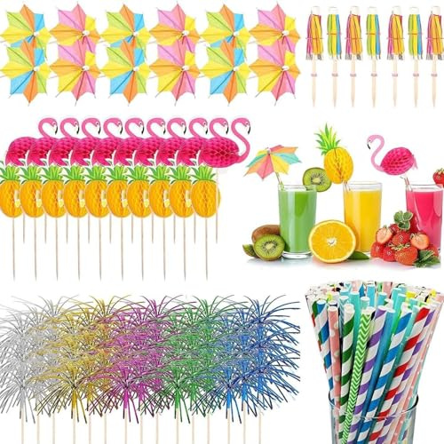 100PCS Cocktail Accessories, Cocktail Umbrellas, Reuseable Paper Straws, Cocktail Decorations Party Pack Including Drink Umbrellas, Decorative Party Accessories for Home Bars and Social Occasions