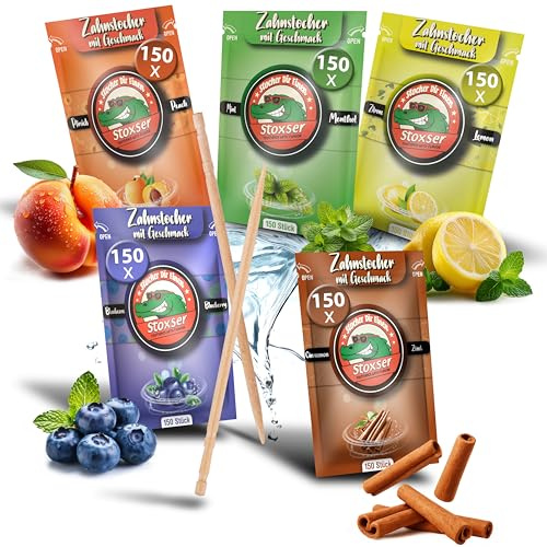 Stoxser 750x Zahnstocher mit Geschmack 5er Pack Zimt und Blaubeere und Pfirsich und Mint/Menthol und Zitrone/Lemon Geschmacksrevolution Zahnstocher Geschmack Kein Kaugummi Zuckerfrei