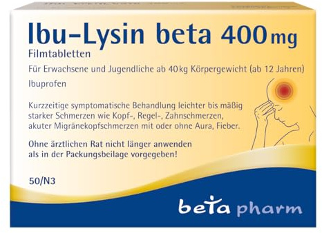Ibu-Lysin beta 400 mg Filmtabletten mit 400 mg Ibuprofen-Lysin, 50 Stk. | Kopfschmerztabletten, Filmtabletten stark gegen Kopfschmerzen, Migräne & Fieber - für Erwachsene & Jugendliche ab 12 Jahren