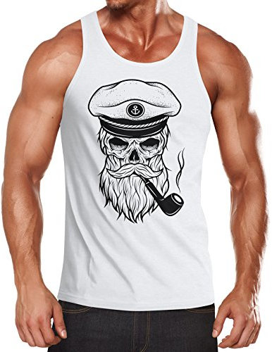 Neverless Herren Tanktop Totenkopf Kapitän Captain Skull Bard Hipster Original Spirit Seemann Muskelshirt weiß M