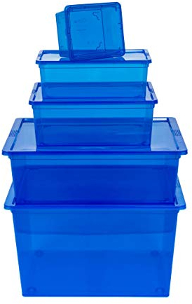 Kreher XL Aufbewahrungsboxen Set. 5 Boxen von 2,5 bis 50 Liter mit Deckel. In transparentem Blau. Preiswert und praktisch.