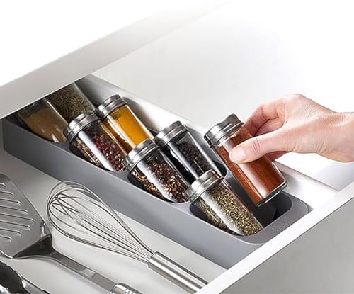 Tiroir De Rangement Pour Épices, Tiroir De Rangement Pour Bocaux À Épices Rangement Epices Cuisine Tiroir Pour Assaisonnements Organisateur Porte épices Avec 8 Compartiments Pour Cuisine (Gris)