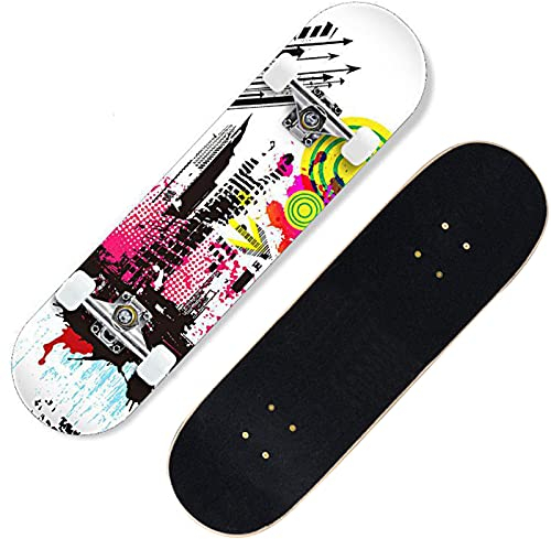 Skateboard 31 Komplettes Skateboard, 9-lagiges kanadisches Ahornholz-Skateboard, Double Kick Standard-Skateboard für Anfänger, Kinder, Jugendliche, Erwachsene,Graffiti