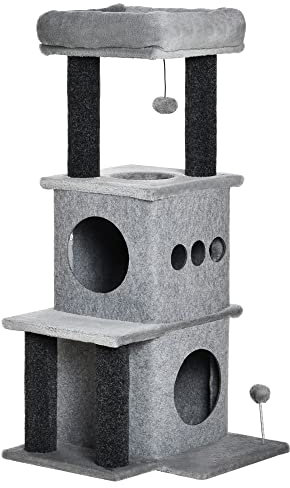 PawHut Arbre à Chats Design Cosy Chic Multi-équipements Centre d'activités niches Plateformes lit Jeu Boule feutres Amovibles lavables Panneaux de Particules Peluche Courte 48 x 48 x 100 cm Gris