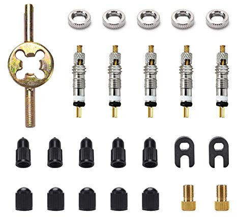 VooGenzek 25 Stücke Sclaverand Presta Ventileinsatz Ersatz Set, Ventil Ersatz Set, Ventiladapter, 5 Sclaverandventil, 2 Fahrradventil Adapter, 2 Ventil Schlüssel, Ventilkappe, 5 Felge Mutter