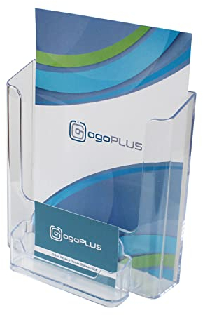 ogoPLUS DIN A5 Wand-Prospekthalter Hochformat mit Visitenkartenständer Querformat, Prospektständer, Flyer-Ständer, Visitenkartenhalter, Prospektbox glasklar, Aufsteller, Werbung, Wandprospek