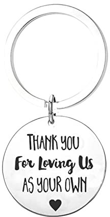 Beydodo Schlüsselanhänger mit Gravur, Schlüsselbund Personalisiert Edelstahl Dog Tag Thank You for Loving us as Your own Rund 28 MM