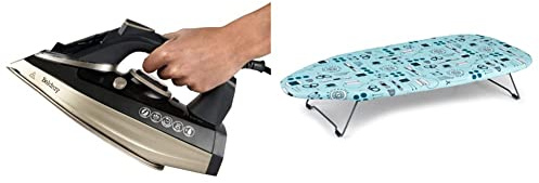 Beldray BEL0820PL Ultra Ceramic 3100W Steam Iron + Beldray LA023735SEW Table Top & Desk Ironing Board, 73 x 31cm