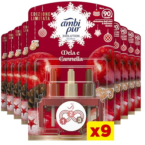 Ambi Pur 3Volution Profumatore per Ambienti, 9 Ricariche per Diffusore Elettrico, Fragranza Mela e Cannella, tecnologia Elimina Odori, Fino a 90 Giorni di Profumo per Ricarica