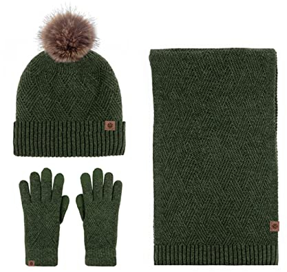 LumiSyne Winter 3 In 1 Mütze Schal Handschuh Sets Für Herren Damen Einfarbig Rhombus Strickmütze Beanie Langer Schal Touchscreen Handschuhe Bommelmütze Mit Pompom Weiche Wolle Thermisch Fleece Futter
