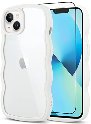 Tjkings Mit Displayschutzfolie, niedlicher lockiger Wellenrahmen, stoßfest, weiches TPU, iPhone 13, stoßfeste Schutzhülle für Damen und Mädchen, Weiß