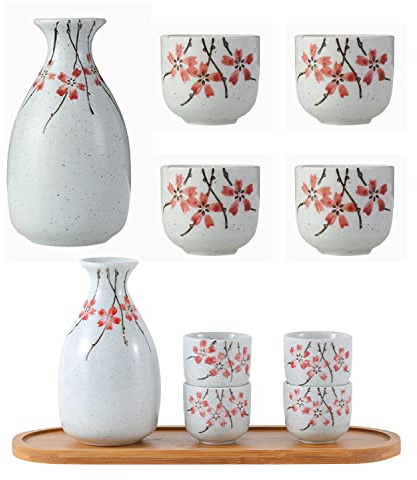 Liuer Service à Saké Japonais, 5PCS Bouteille de Saké Japonais,1 Pichet à Saké et 4 Tasses à Saké,Tasse à Saké Ensemble à Saké Service à Saké Set pour Famille Restaurant Lieu de Sushi (B)