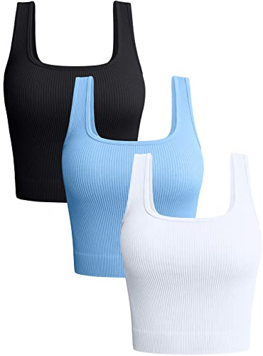 OQQ Damen 3-teiliges Tank-Top Gerippt Nahtlos Workout-Shirts Yoga Bauchfreies Top