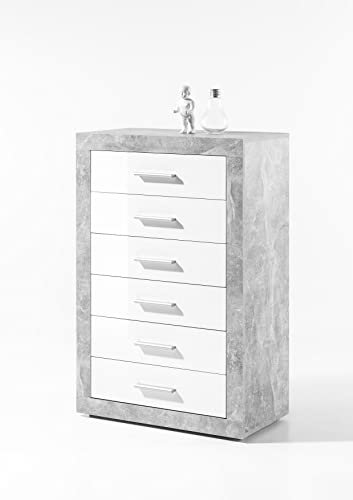AVANTI TRENDSTORE - Sara - Cassettiera con 6 cassetti in legno truciolato, nel colore bianco lucido e cemento d'imitazione, stile moderno ed elegante. Dimensioni: LAP 66x102x37 cm