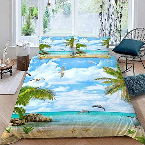 ALABOW 3D Ozean Bettwäsche Set 135x200 cm 2teilig mit Reißverschluss Weiche und Angenehme Schlafkomfort Microfaser Bettbezug Strand Palmen Kinderbettwäsche mit Kissenbezug 80x80 cm