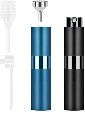 Anseom 8ml Parfüm Zerstäuber Nachfüllbar 2 Stück, Aluminium Parfümflaschen Leer mit Trichter und Pipette, Mini portabel Sprühflasche für Damen und Herren Geeignet für Reise (Schwarz,Blau)