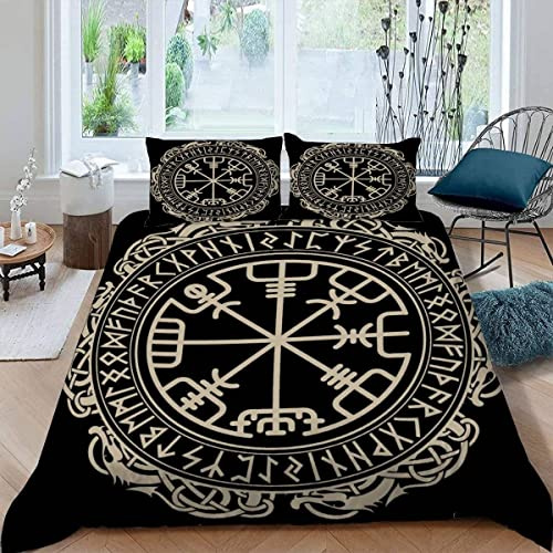 BUMIYA Kinder Bettwäsche 135x200 2 teilig Wikinger 3D Druck Bettwäsche 100% Mikrofaser Weiche kuschelig mit Reißverschluss Runenkompass Jungen Mädchen Bettbezüge mit 2 Kissenbezug 80x80 cm
