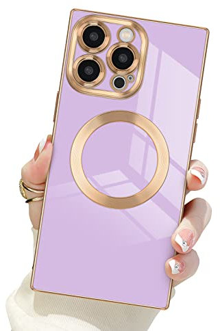 Newseego Magnetic Case for iPhone 14 Pro Max Compatible with MagSafe, Square Flexible Soft Silicone Phone Case Golden Rim Shockproof Camera Protection Bumper Cover for iPhone 14 Pro Max-Light Purple