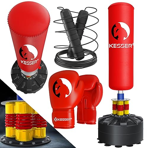 KESSER® Boxsack Set stehend Erwachsene mit Boxhandschuhe + Springseil, Kickboxsack, Freistehender Standboxsack MMA Boxpartner Boxing Trainer Fitness Boxsack mit Saugfuß Rot