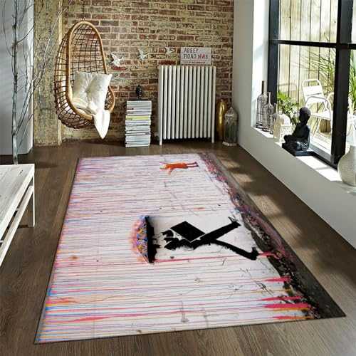 Via Vela Moderner Teppich Cooler Eingangsteppich Fußmatte Banksy Umbrella Boy Rutschfester waschbarer niedrigfloriger Bodenteppich für den Eingangsbereich die Küche das Badezimmer 160x230 cm