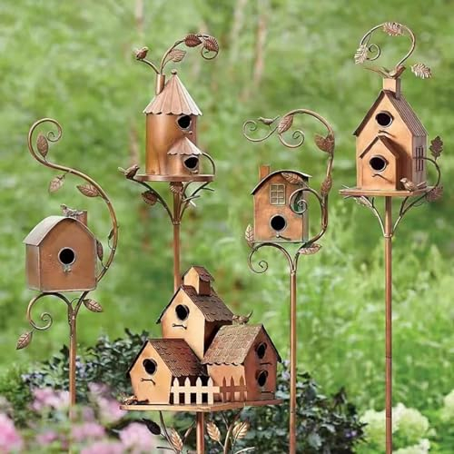 5 Pack Metal Bird House with Poles Outdoor Metal Bird House Stake Birdhouses for Outdoor Patio Backyard Patio, Bird Houses for Hummingbird Small Bird Outside Garden Decoration