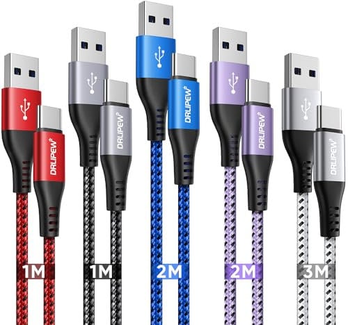 USB C Cable, (5Pack 1M+1M+2M+2M+3M)USB A to USB Type C Charger Cable Fast Charging 3A USB C Charger Cable Fast Charge Braided for iphone 15 Pro Max, Samsung Galaxy S22 S23 S24 Ultra 5G S20 S21 S10 S9