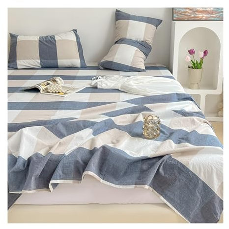 Bettlaken ohne Gummizug aus 100% Gewaschener Baumwolle Kariert Betttuch ohne Gummi Hochwertige Bettwäsche Weich und Atmungsaktiv(Large Blue,120x230cm)