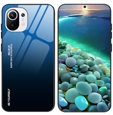 YUECXIN Cover per Xiaomi Mi 11 Lite 4G / 5G / 5G NE, Ultra Sottile Molle Antiurto TPU Bumper Silicone Custodia, Premio Antigraffio Colore Sfumato Vetro Temperato Retro Case, Blu Nero