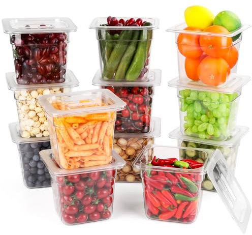 VOISEN 12 Pack Plastic Food Pan with Lids 1/6 Size 6 Inch Deep Commercial Food Storage Containers for Fridge Salad Fruits Vegetables Clear Restaurant Polycarbonate