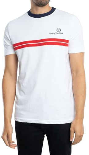 Sergio Tacchini Men's New Supermac T-Shirt, White/Maritime Blue/Adrenaline Rush, L