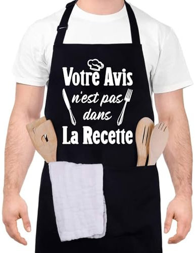 Halinuia - Delantal de cocina para hombre (impermeable, delantal de cocina, personalizado, delantal para barbacoa, hombre Rigolo ajustable, delantal negro, cocina con largas tiras y bolsillos para
