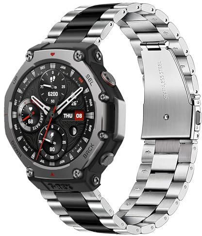 Blueshaweu 22MM Armband Kompatibel mit Amazfit T-Rex 3, Classic hohe Qualität Edelstahl Uhrenarmband Kompatibel für Amazfit T-Rex 3,bip 5/5 Unity,Balance, GTR 3 Pro,GTR 4 etc. (Silber-schwarz, 22MM)