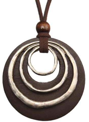 COOLLA Womens Multilayer Pendant Necklaces Vintage Jewelry Fashion Long Sweater Necklace for Woman (Wooden circle-Brown silver)
