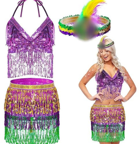 Generisch Mardi Gras Kostüm Zubehör Set Tutu Rock Kunstfeder Stirnband Maske Karneval Kostüm Karnevalskostüm Perlen Federboa für Frauen und Mädchen