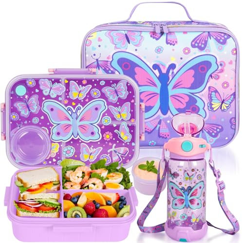 PinkSheep Kids Bento Lunch Box Set with 1200 ml Leak-Proof Lunch Containers with 3 Compartments, 22oz BPA-Free Water Bottle, Insulated Lunch Bag for School Kids Girls Boys (Butterfly)