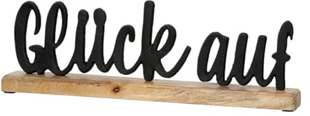 MF Deko Schriftzug 'Glück auf', Aluminium auf Mangoholz, 40 x 14 x 5 cm, Schwarz/Natur