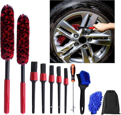 OBDKCAN Wheel Brush Kit 10PCS Car Wheel Cleaning Kit Detailing Brushes Car Wash Mitt Car Wash Cleaning Kit for Clean Rims, Spokes, Barrels & Tyres Emblems, Air Vents
