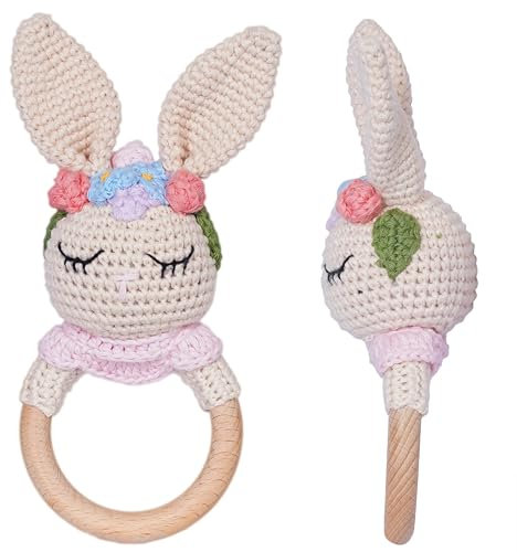 Beißring Baby Hase gehäkelt aus Holz – Handgemachte Rassel – Montessori Spielzeug – Geschenk zur Geburt für Mädchen & Jungen – Little Hoodies